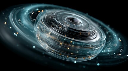 Floating multi-lens tech eye device with rotating rings representing surveillance unit or AI visual recognition scanner for sci-fi product applications