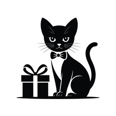 Cute black cat wearing a bow tie sitting next to a gift box