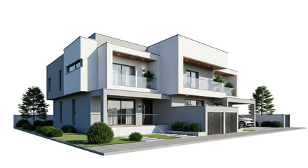 Modern Duplex Home Design With Landscaping And A Car Isolated Rendering