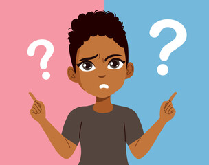 Cartoon illustration of a black student girl pointing with both hands at left and right question marks. Vector drawing for decision making, education choices and academic challenges