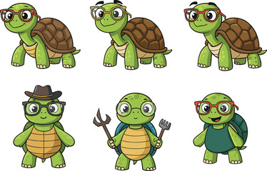 Cute Cartoon Turtles with Glasses and Hats, Happy Tortoise Characters, Fun Illustrations, Playful Turtles in Different Poses, Animal Costume Designs