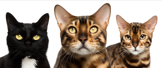 Realistic photograph of three cats one black cat with yellow eyes and a white nose a brown calico female cat with goldencolored eyes and a male adult Bengal