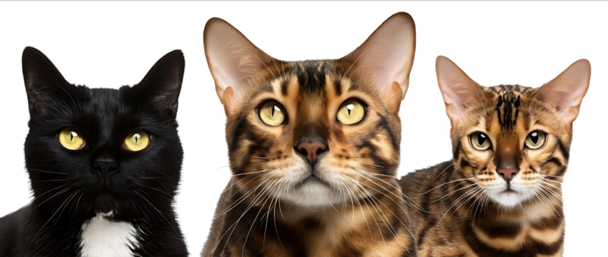 Realistic photograph of three cats one black cat with yellow eyes and a white nose a brown calico female cat with goldencolored eyes and a male adult Bengal
