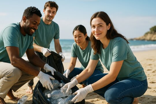 Group of young diverse volunteers cleaning plastic waste from sandy beach with ocean background on a sunny day to promote environmental awareness. Ai generative