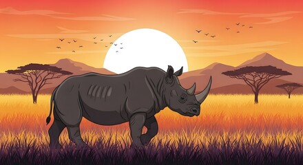 Fototapeta premium A rhinoceros walks across the savanna at sunset, with acacia trees and mountains in the background under a vibrant orange sky