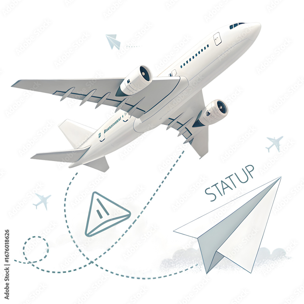 Poster white airplane ascending with paper airplanes and clouds isolated on a transparent background