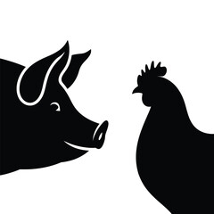 Black silhouette of a pig and a chicken facing each other on a white background
