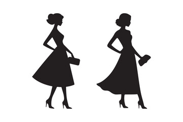 Elegant silhouettes of women in dresses holding purses