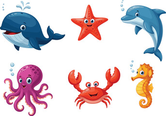 Cute cartoon farm animals illustration set, cow, sheep, pig, horse, chicken, goat, isolated on white background, vector clipart for kids, children artwork design