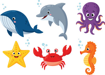 Cute cartoon farm animals illustration set, cow, sheep, pig, horse, chicken, goat, isolated on white background, vector clipart for kids, children design artwork