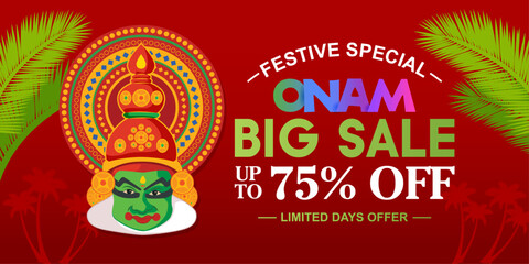 Vibrant Onam big sale promotional banner with Kathakali face, festive colors, palm leaves, and discount announcement. Perfect for digital ads, seasonal campaigns, and shopping promotions.
