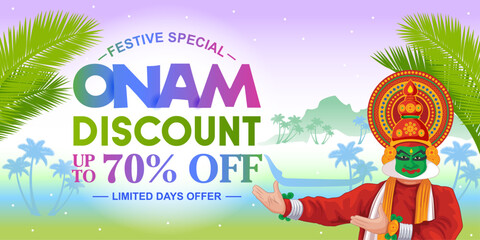 Bright Onam discount banner vector with Kathakali dancer, palm leaves, and tropical background. Ideal for seasonal offers, festive marketing, and online promotions.
