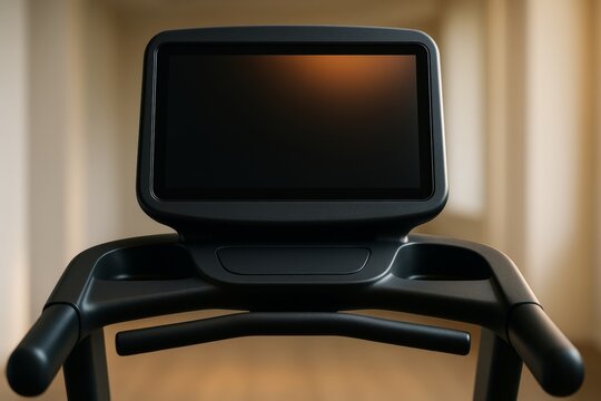 Close-up of treadmill control panel with blank screen in modern gym interior under warm light on soft blurred background. Ai generative. Ai generative - Powered by Adobe