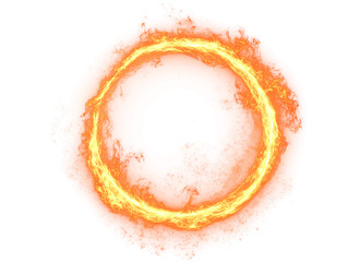 A perfectly circular, vibrant ring of intense, swirling fire, radiating bright orange and yellow light against a pure white background, showcasing dynamic flames and heat shimmer © senmachine
