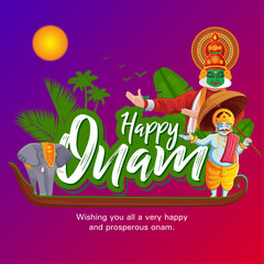Vibrant Onam greeting card vector with Kathakali dancer, decorated elephant, King Mahabali, palm leaves, and sunset gradient background. Ideal for cultural festival artworks.
