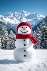 Fototapeta premium Smiling snowman wearing red scarf and wool hat standing proudly in wide snowy landscape with frosted pine trees and mountains under clear sky.