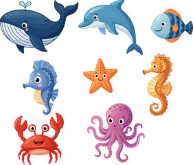 Cute cartoon farm animals illustration set, cow, sheep, pig, horse, chicken, goat, isolated on white background, vector drawing, kids clipart, children design artwork