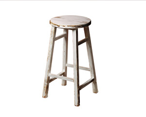 An old white wooden bar stool isolated on a transparent background with a cutout in the PNG file and a clipping path The white wood stool is suitable for des