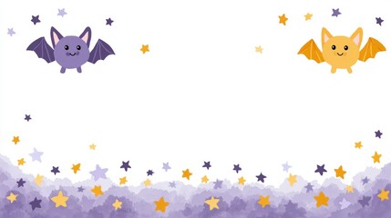 Halloween backgrounds spooky, Colorful illustration of cute cartoon bats in purple and yellow, surrounded by stars, creating a whimsical and playful atmosphere.