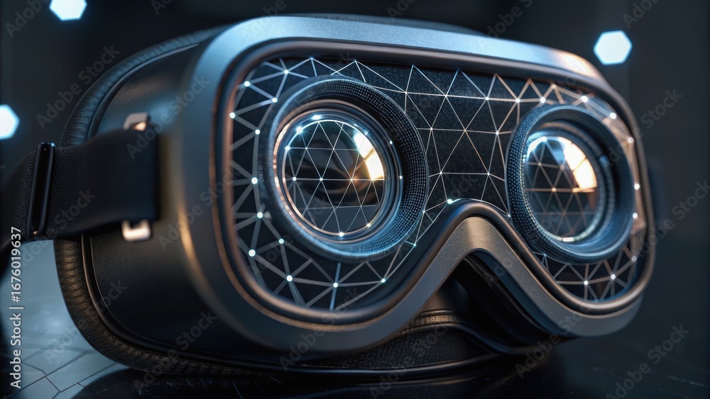 Poster virtual reality goggles with a sleek design and geometric patterns, set against a modern background.