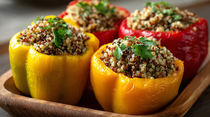 Colorful stuffed bell peppers filled with quinoa and fresh herbs served on a wooden platter. A healthy and vibrant dish.