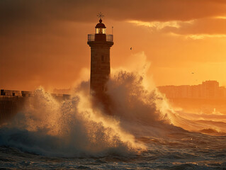 Ocean Waves Splashing During Golden Sunset Near a Lighthouse