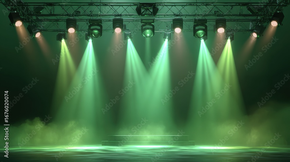Poster dynamic green stage lights illuminate a performance area with smoke, creating an energetic atmospher