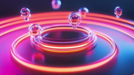 Abstract glowing chemistry spiral molecules floating in concentric rings cosmic science theme