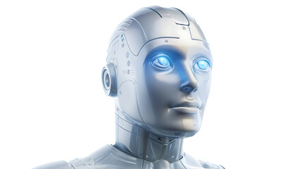 Naklejka premium close up of a futuristic robot head isolated on white background, png, ai generated.