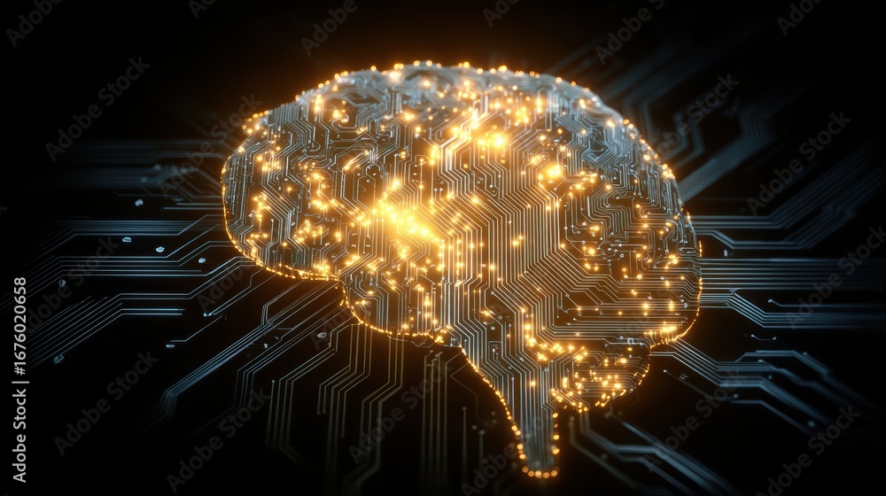 Poster futuristic digital brain composed of circuits and glowing lights representing artificial intelligenc