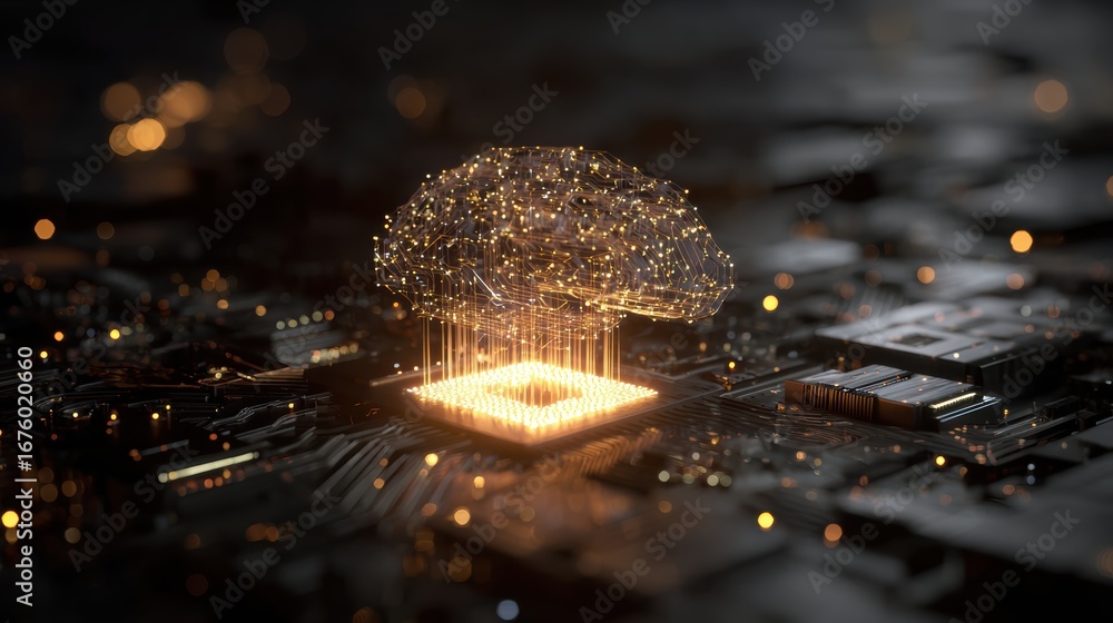 Poster futuristic computing visualization depicting a glowing neural network emerging from a microchip.