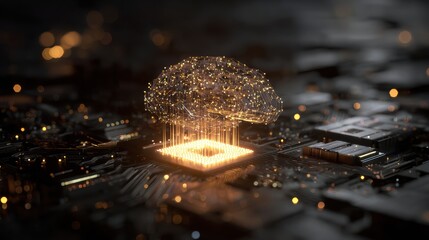 Futuristic computing visualization depicting a glowing neural network emerging from a microchip.