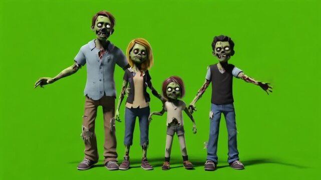 Animated zombie family standing together on a green screen background in a cartoon style green screen halloween zombie video