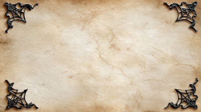 Halloween backgrounds spooky, A textured, aged paper background adorned with intricate black spider web designs at the corners, creating a spooky, vintage atmosphere.