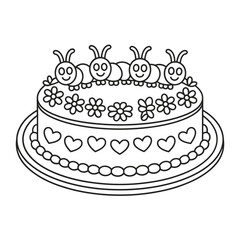 Cute caterpillar birthday cake with hearts and flowers illustration