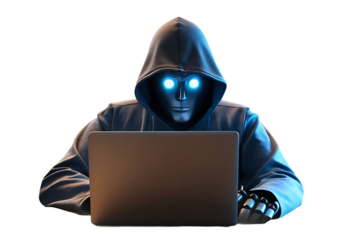 cyberpunk hacker with glowing blue eyes isolated on white background, png, ai generated. 