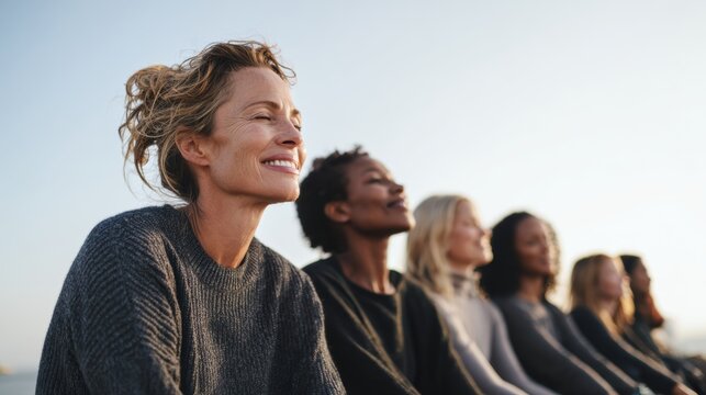 Group of diverse women enjoying a peaceful moment outdoors, embracing serenity and mindfulness together.