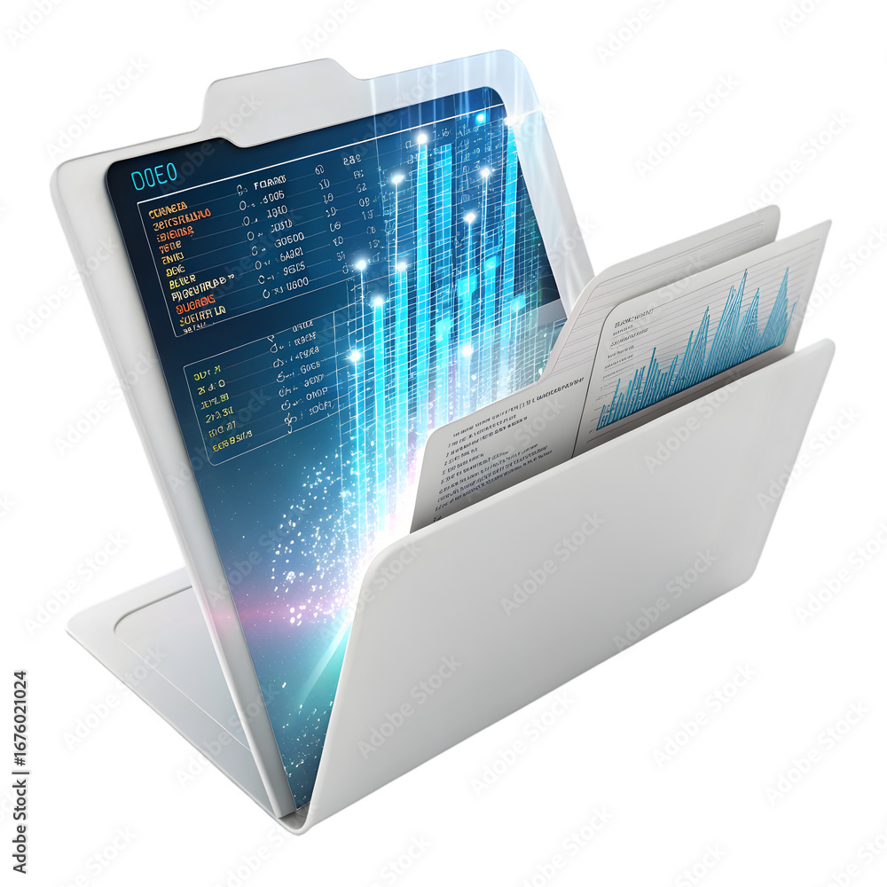 Poster white folder displaying glowing blue digital data and charts isolated on a transparent background