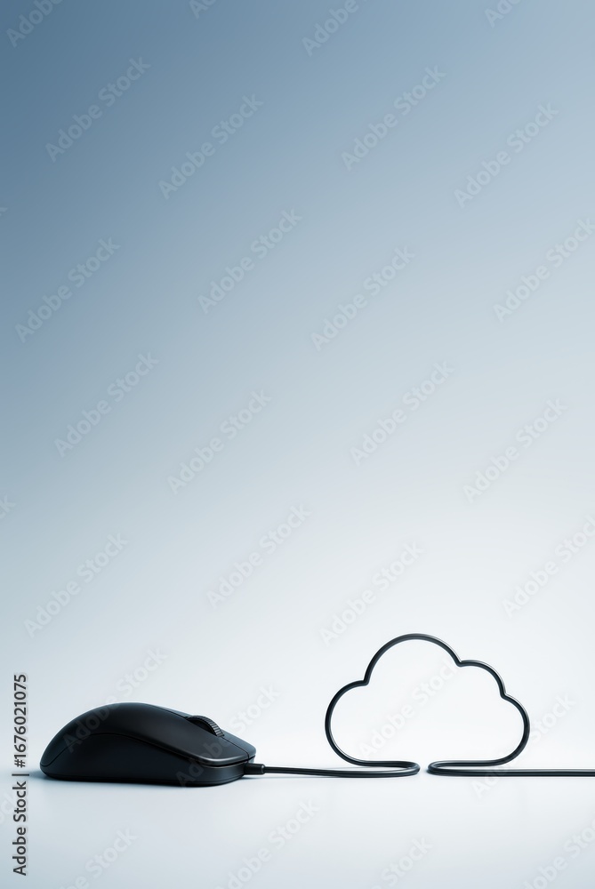 Poster computer mouse connected to cloud symbol on light blue background illustrating cloud computing and d