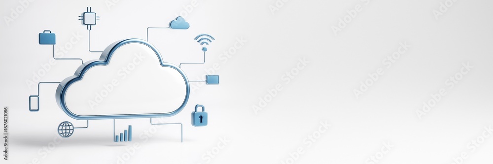 Poster cloud computing technology concept with 3d icons and symbols on light background with copy space for