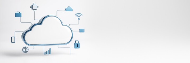 Cloud computing technology concept with 3D icons and symbols on light background with copy space for business poster or banner template design.