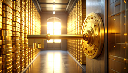 Golden key unlocking a secure bank vault filled with towering stacks of treasure coins, symbolizing financial success and opportunity