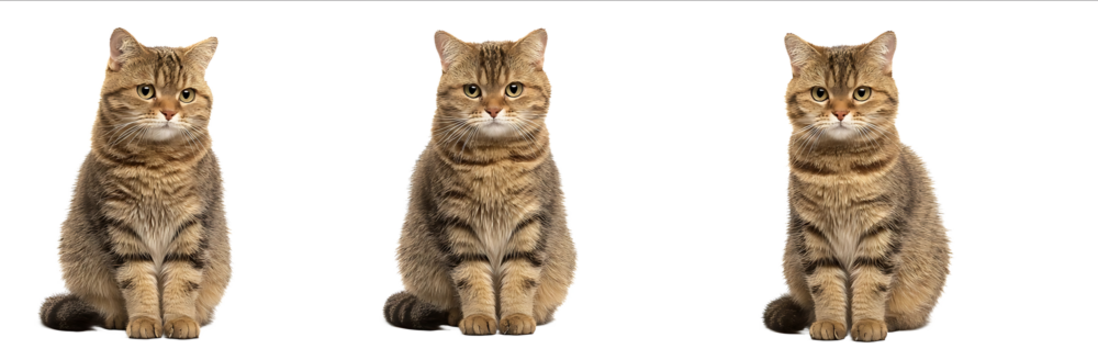 Set of three fulllength portrait photographs frontal view of a sitting and standing British Shorthair cat with goldenbrown stripes on a white background Stud
