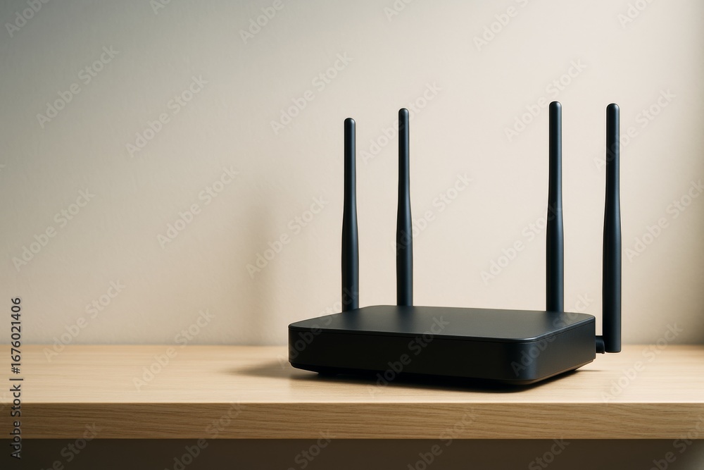 Poster modern wireless wi-fi router with four antennas placed on a wooden surface against neutral wall back