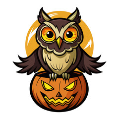 Mystical Halloween owl perched on glowing jack-o’-lantern pumpkin vector illustration, spooky autumn night wildlife design for decorations