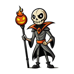 Spooky skeleton holding a glowing pumpkin staff vector illustration, Halloween fantasy character art, eerie night magic design isolated on white background
