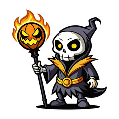 Spooky skeleton holding a glowing pumpkin staff vector illustration, Halloween fantasy character art, eerie night magic design isolated on white background