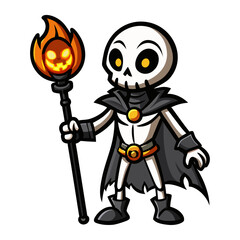 Spooky skeleton holding a glowing pumpkin staff vector illustration, Halloween fantasy character art, eerie night magic design isolated on white background