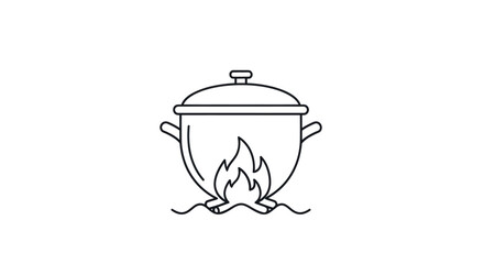 Cooking Pot on Fire - Simple Line Art Illustration.