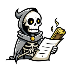 Mystical Skeleton Reading Floating Glowing Scroll Vector Illustration – Magical Halloween Fantasy Art, Spooky Skeleton Wizard Design for Print